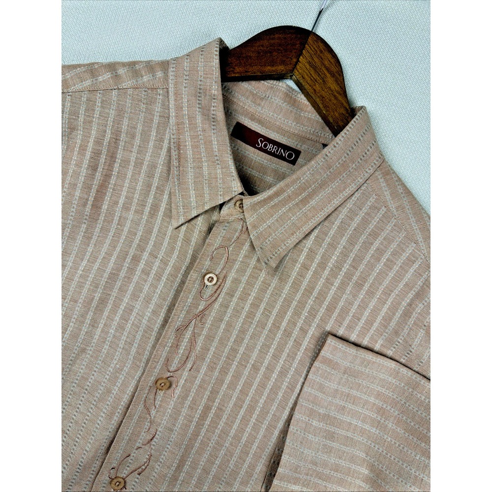 Sobrino Button Up Linen Blend Shirt Mens XL Embroidered Resort Coastal Brown